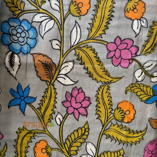 Pen Kalamkari Chanderi Silk Blouse Fabric On Grey Base