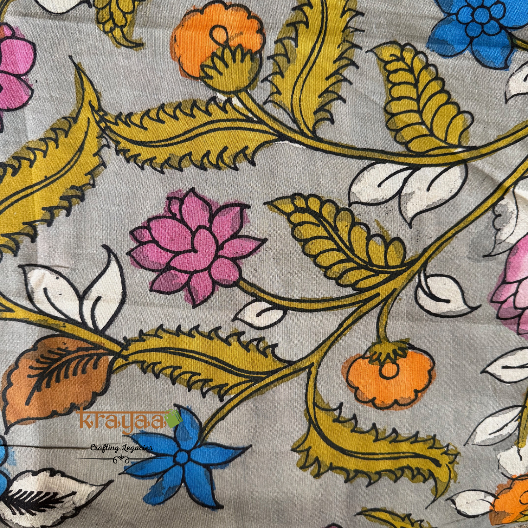 Pen Kalamkari Chanderi Silk Blouse Fabric On Grey Base
