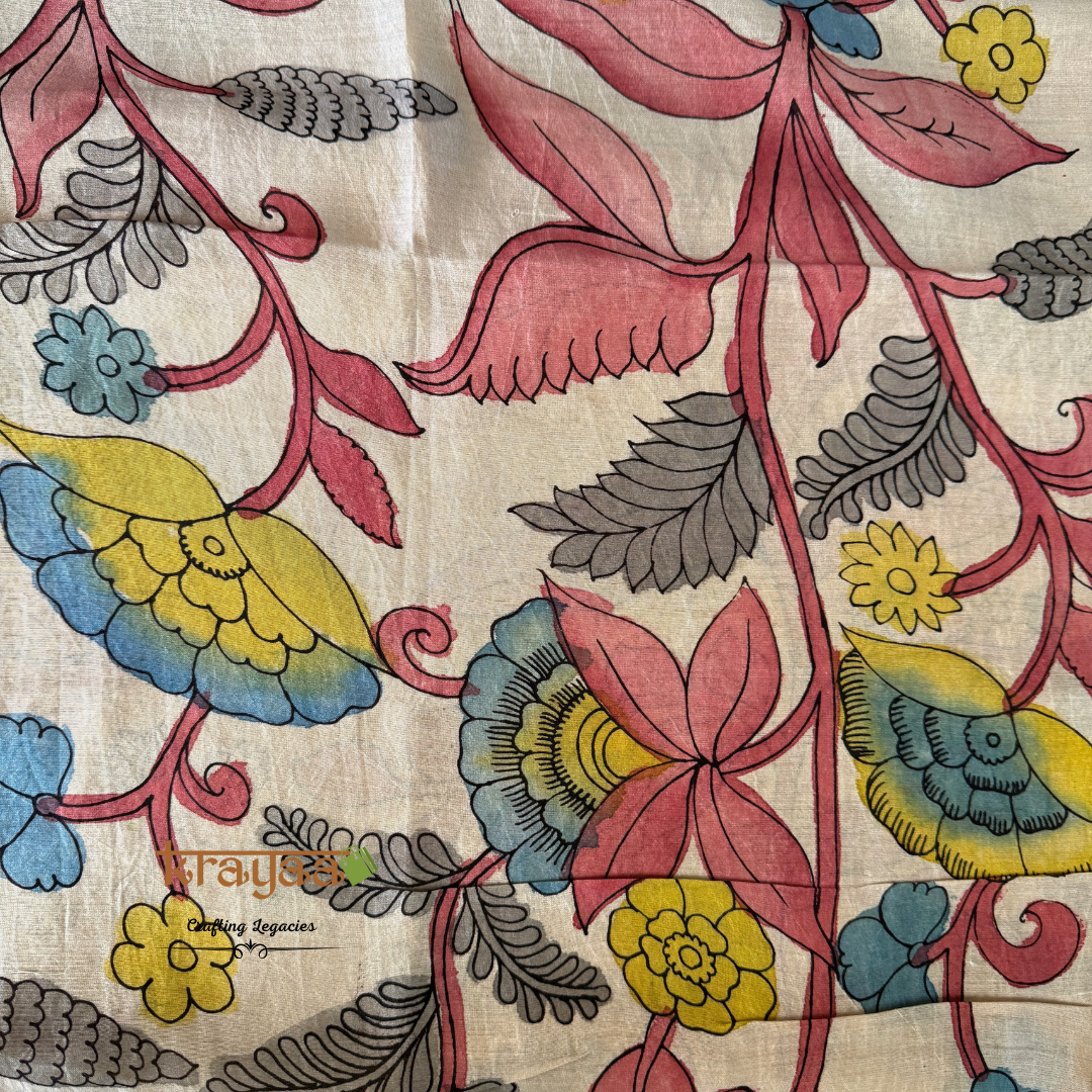 Pen Kalamkari Chanderi Silk Blouse Fabric On Beige Base