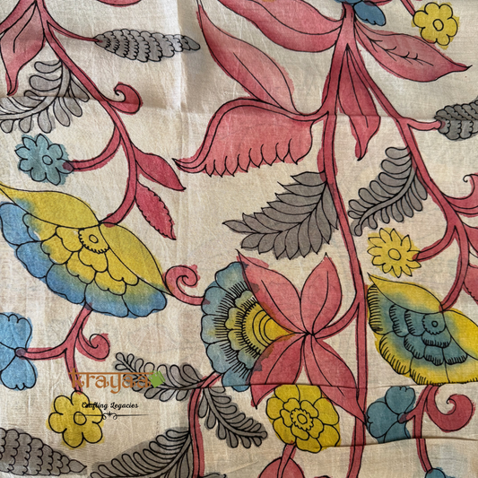 Pen Kalamkari Chanderi Silk Blouse Fabric On Beige Base