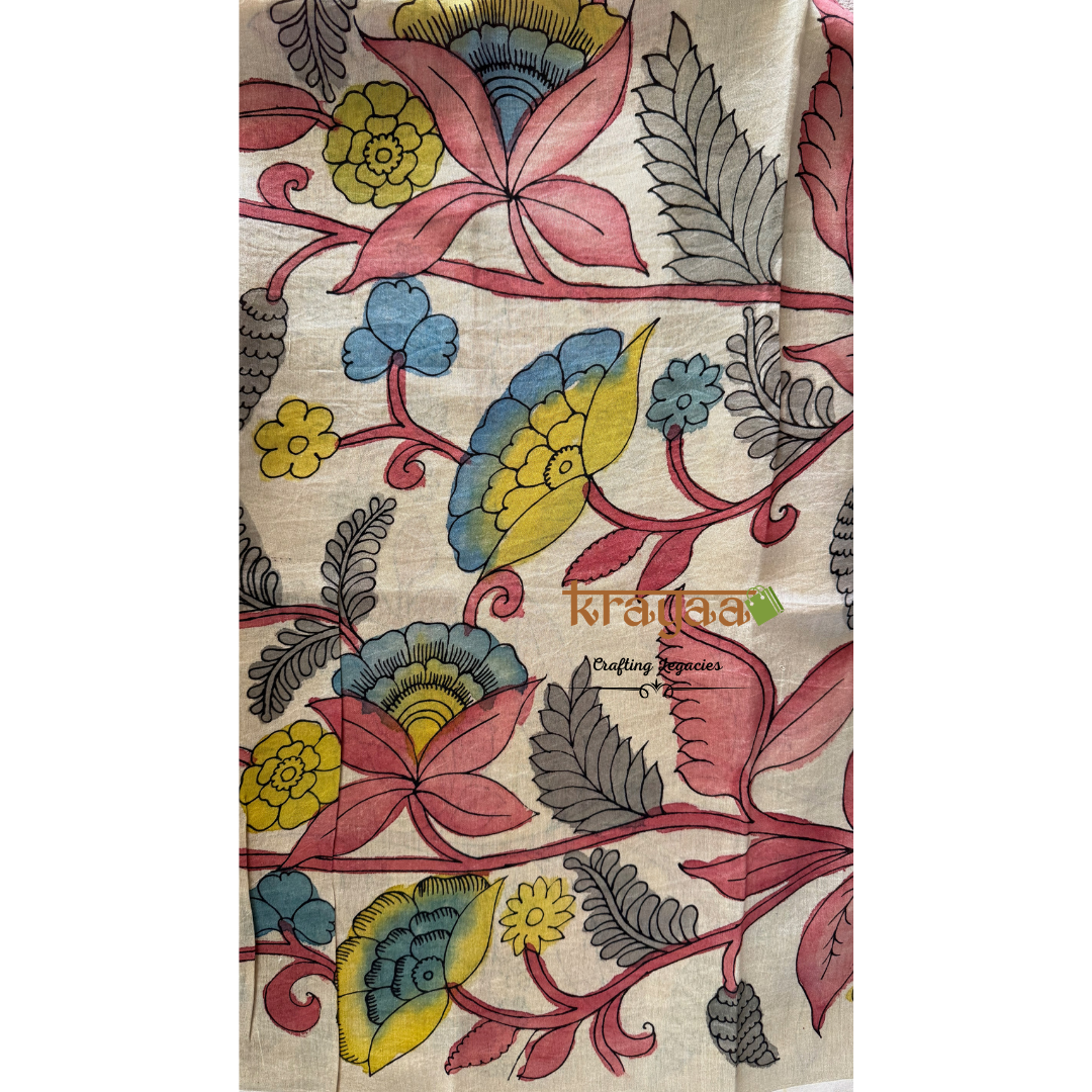 Pen Kalamkari Chanderi Silk Blouse Fabric On Beige Base