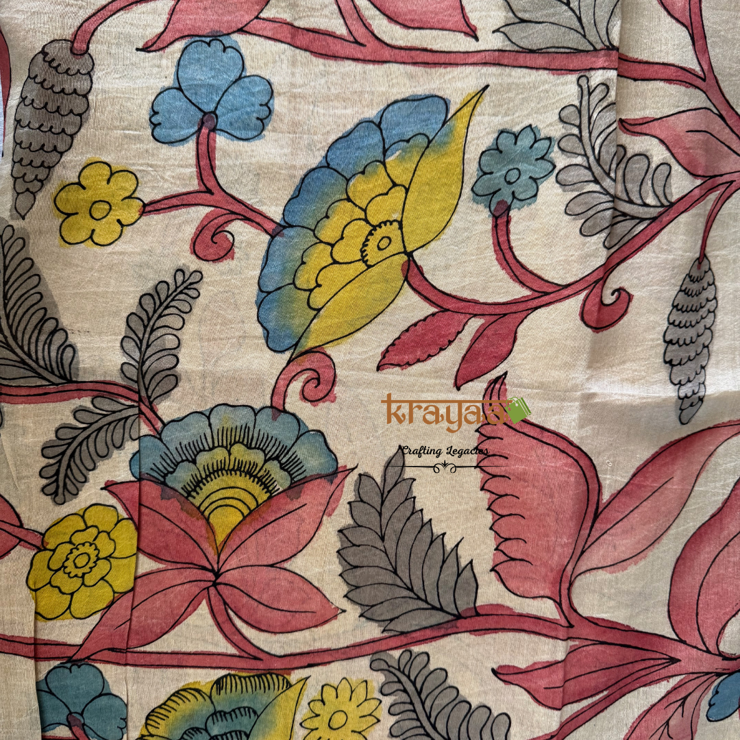 Pen Kalamkari Chanderi Silk Blouse Fabric On Beige Base
