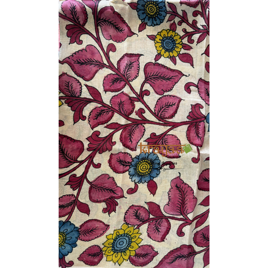 Pen Kalamkari Chanderi Silk Blouse Fabric On Beige Base