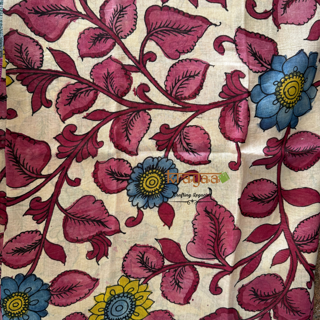 Pen Kalamkari Chanderi Silk Blouse Fabric On Beige Base