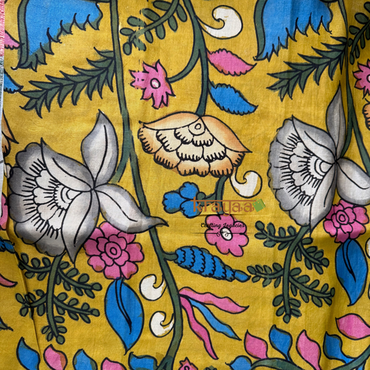 Pen Kalamkari Chanderi Silk Blouse Fabric On Mustard Yellow Base