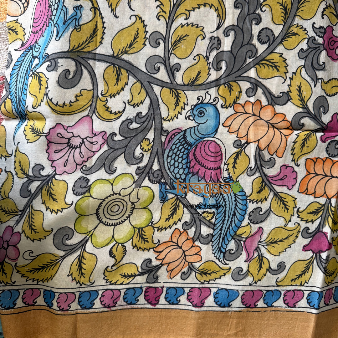 Pen Kalamkari Chanderi Silk Blouse Fabric On Offwhite Base