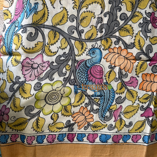 Pen Kalamkari Chanderi Silk Blouse Fabric On Offwhite Base