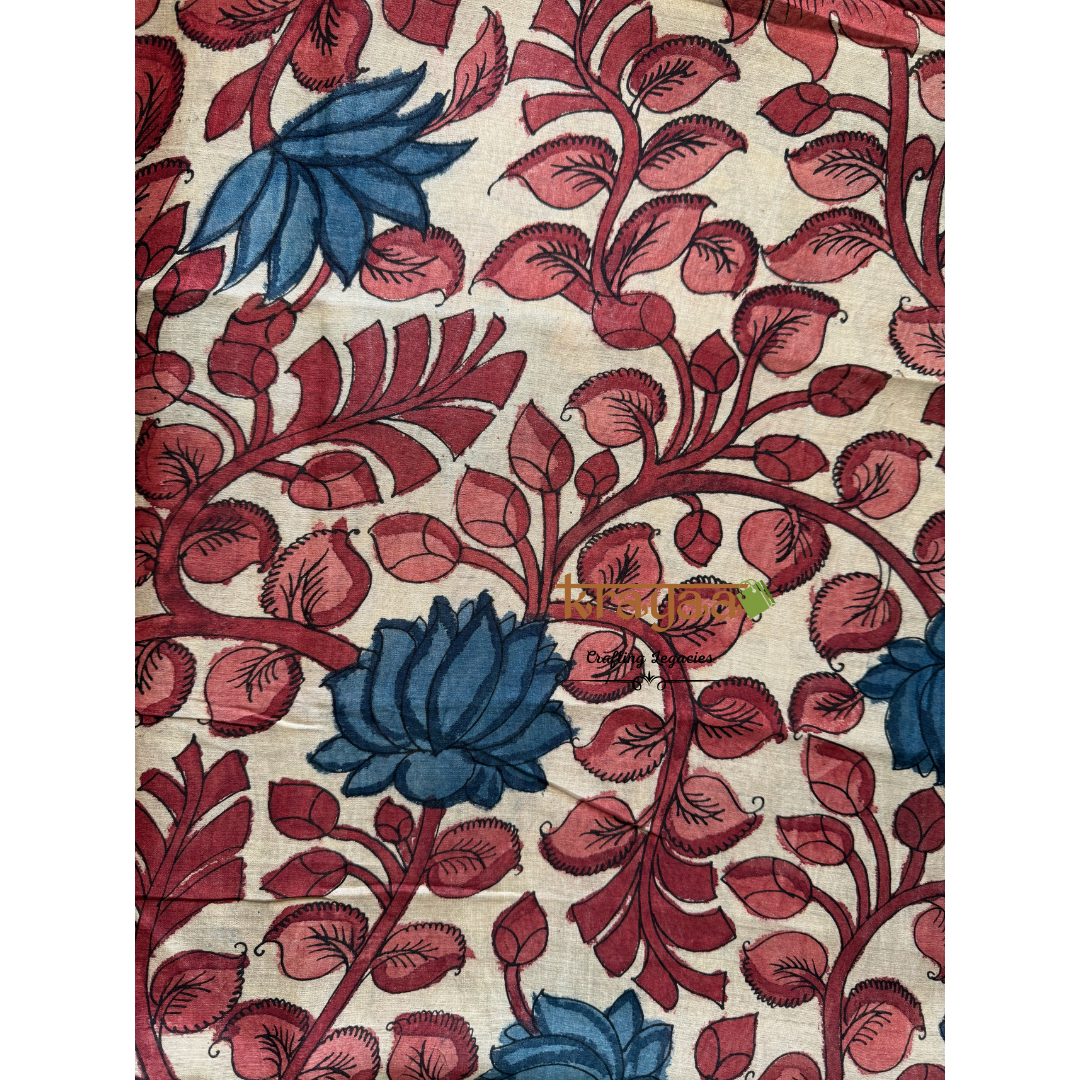 Pen Kalamkari Chanderi Silk Blouse Fabric On Offwhite Base