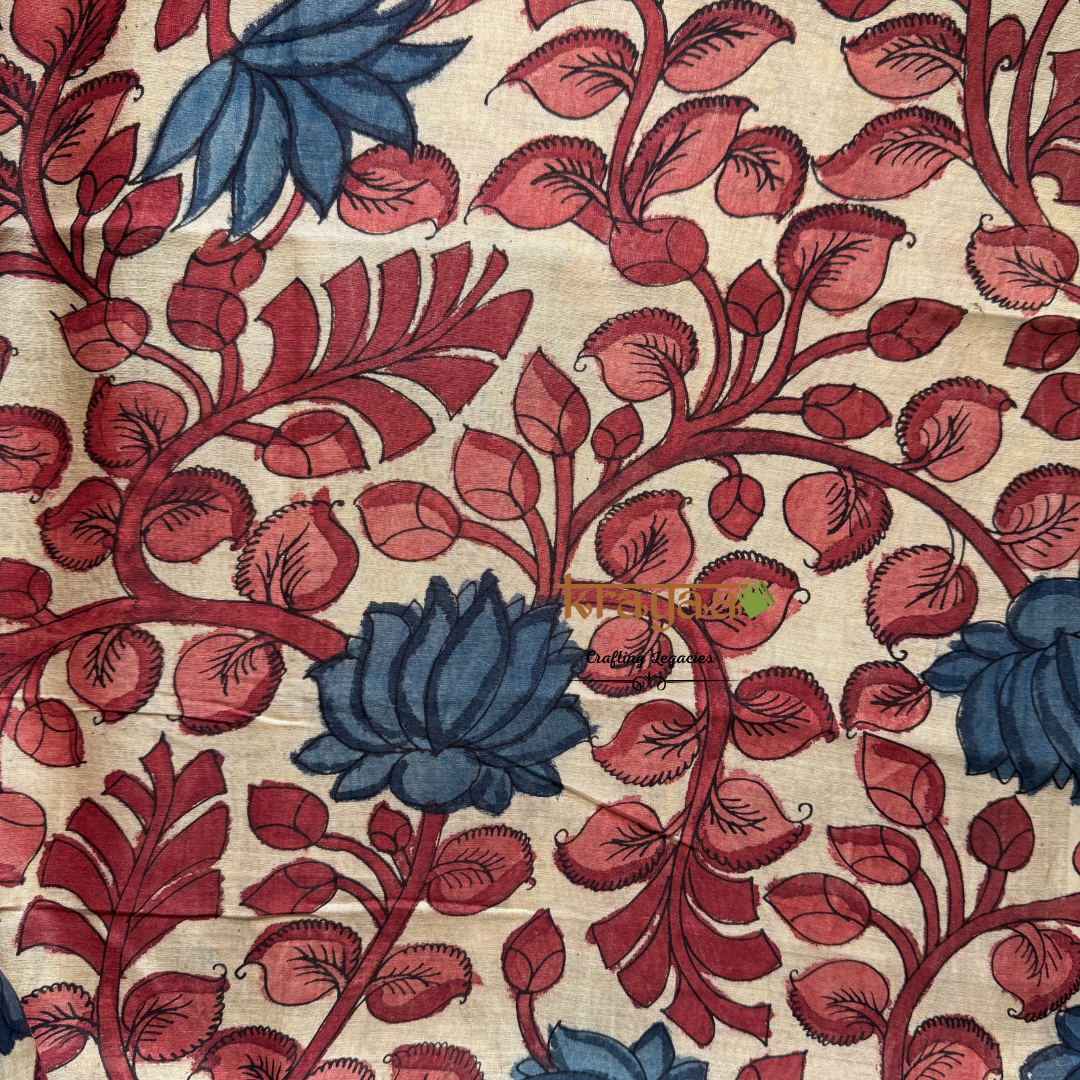 Pen Kalamkari Chanderi Silk Blouse Fabric On Offwhite Base