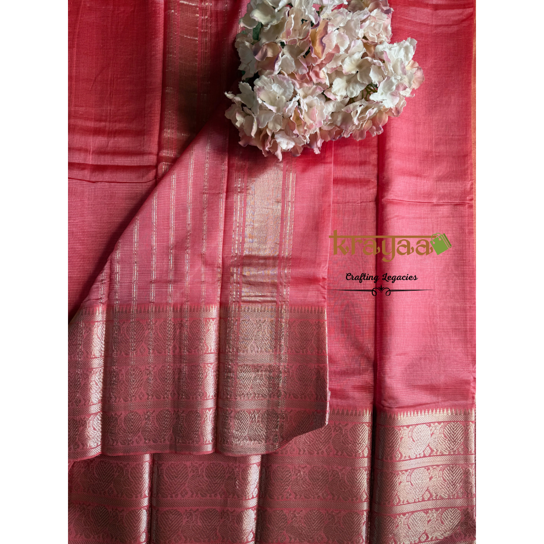 Kankambaram Pink Mangalagiri Silk Cotton Saree With Kanchi Border