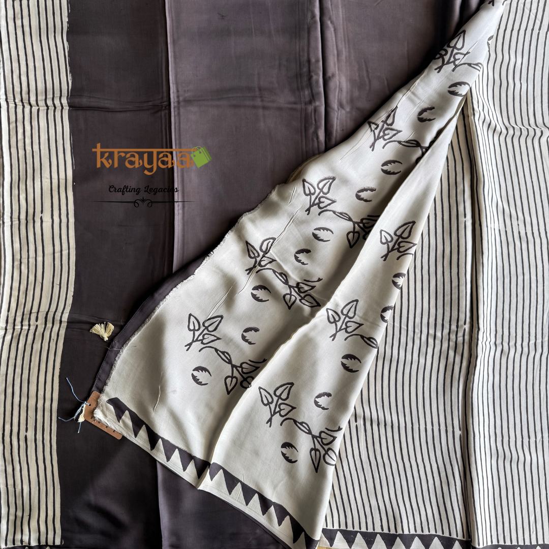 Offwhite  Hand crafted - Modal Silk saree With Ajrakh Handblock Prints.