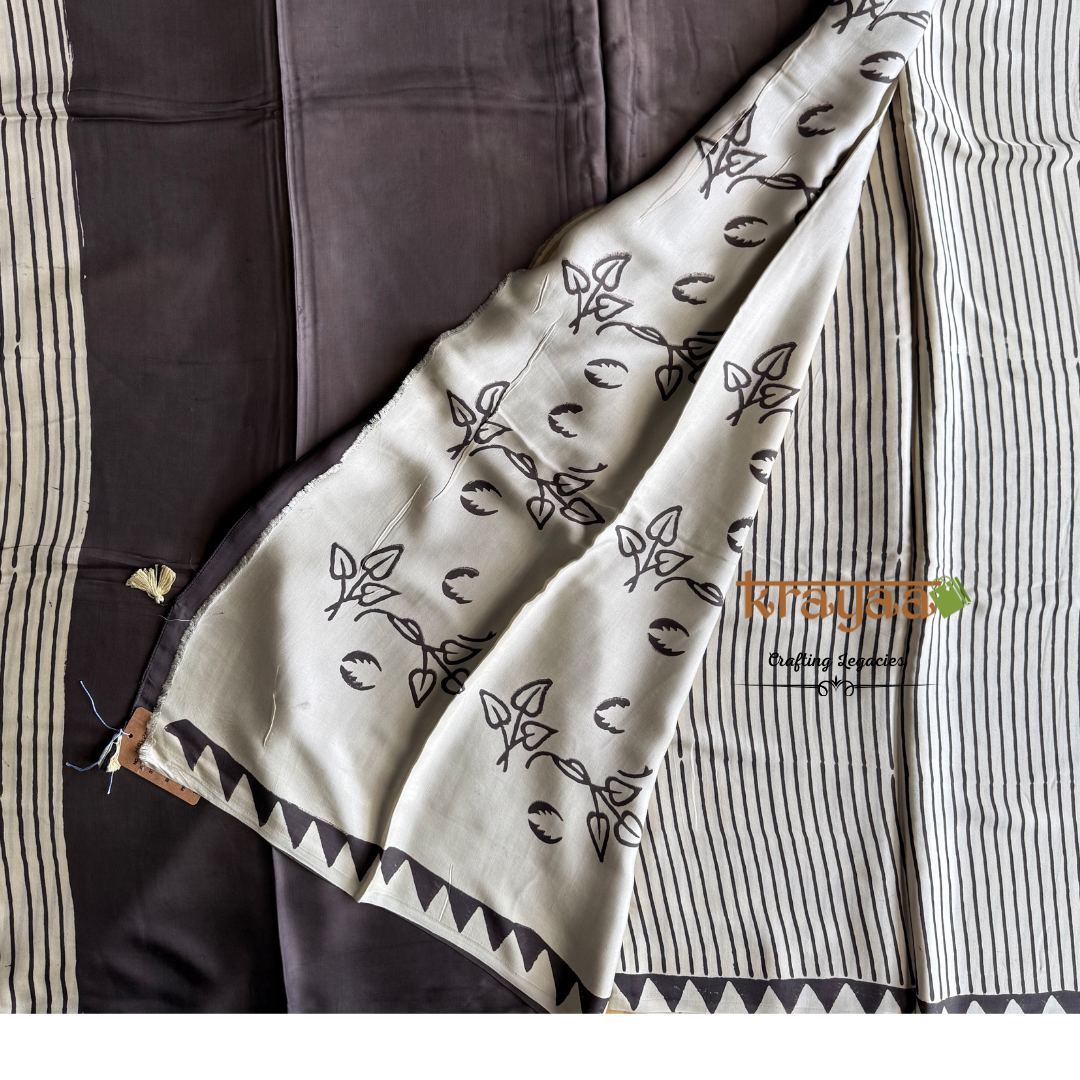 Offwhite  Hand crafted - Modal Silk saree With Ajrakh Handblock Prints.