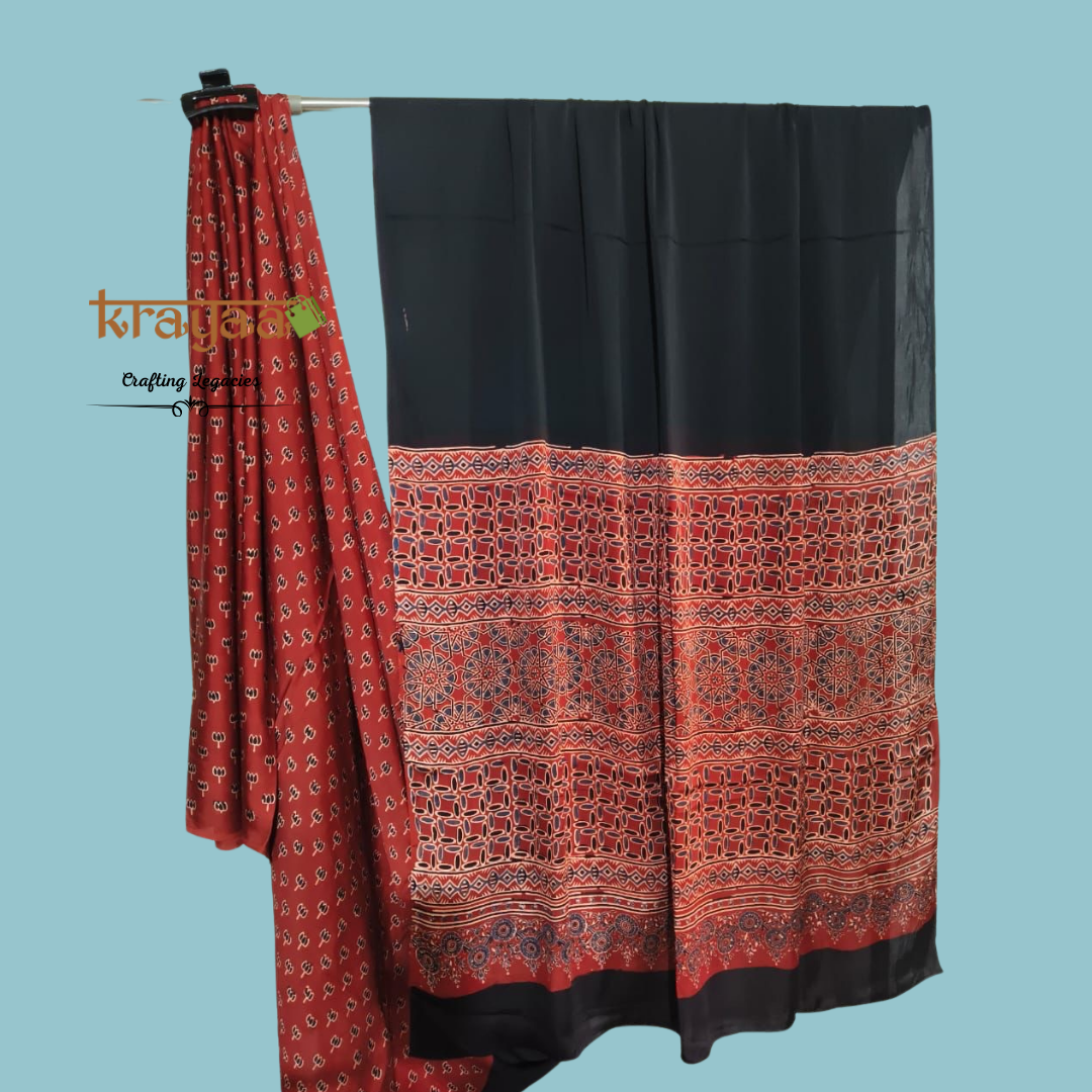 Black And Red - Handcrafted -Half n Half Modal Silk Waree With Ajrakh Handblock Prints.