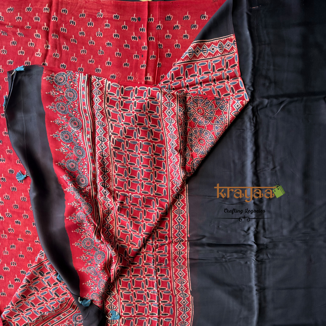 Black And Red - Handcrafted -Half n Half Modal Silk Waree With Ajrakh Handblock Prints.