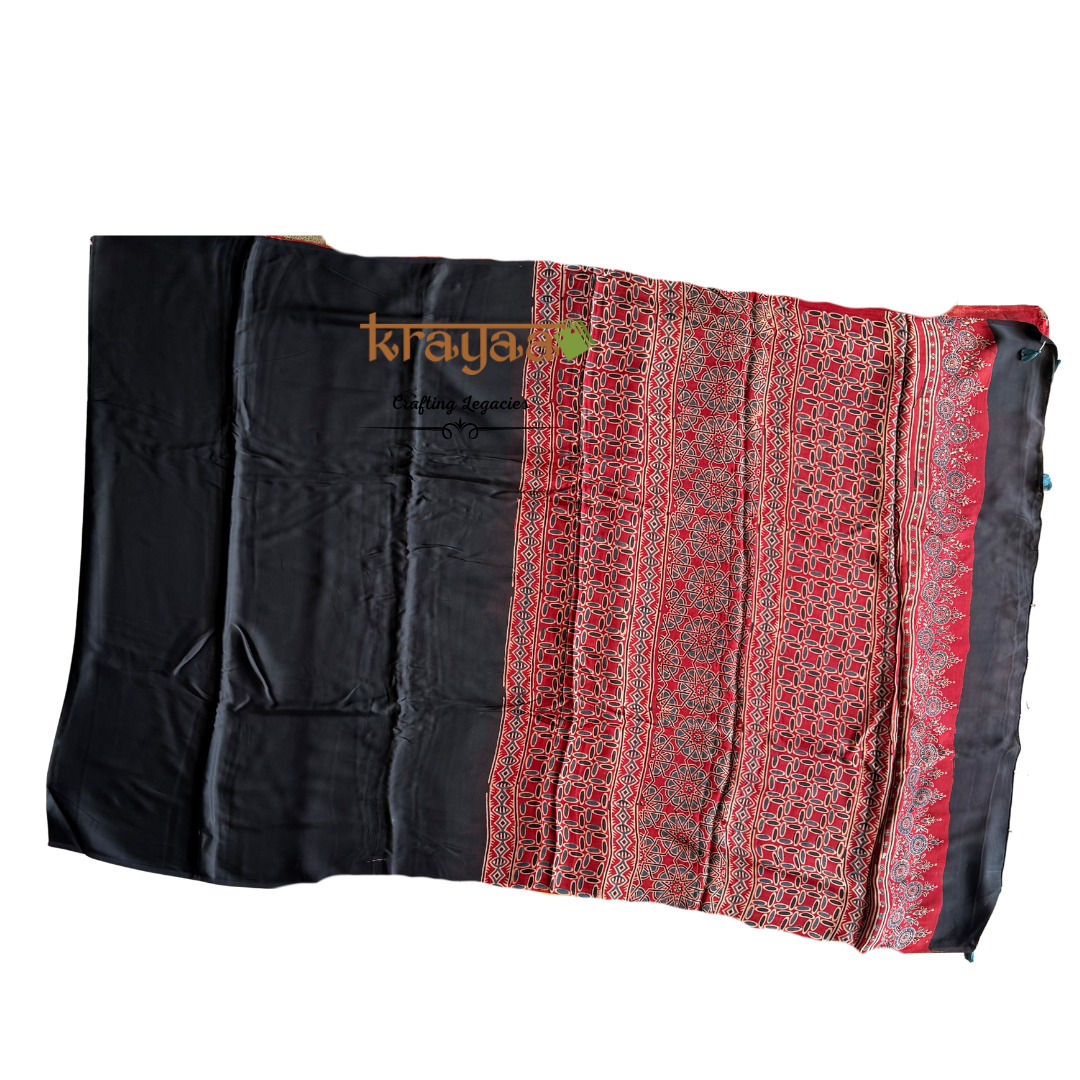 Black And Red - Handcrafted -Half n Half Modal Silk Waree With Ajrakh Handblock Prints.