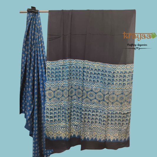 Black And Blue - Handcrafted -Half n Half Modal Silk Saree With Ajrakh Handblock Prints.