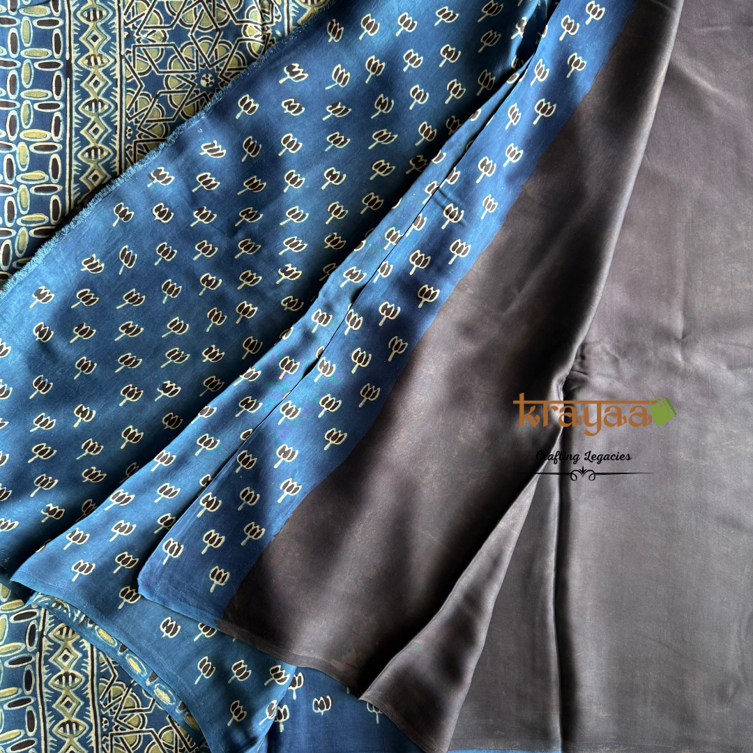 Black And Blue - Handcrafted -Half n Half Modal Silk Saree With Ajrakh Handblock Prints.