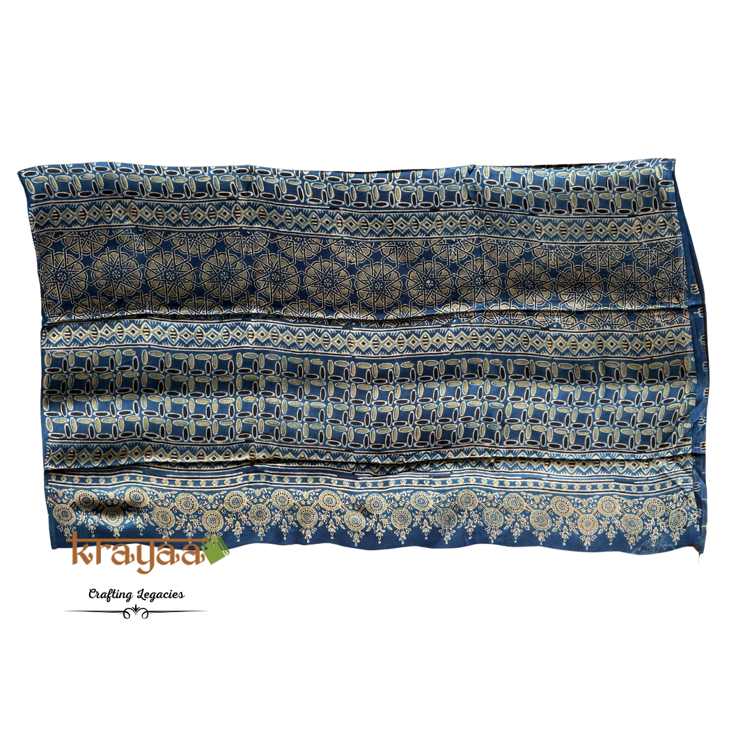 Black And Blue - Handcrafted -Half n Half Modal Silk Saree With Ajrakh Handblock Prints.