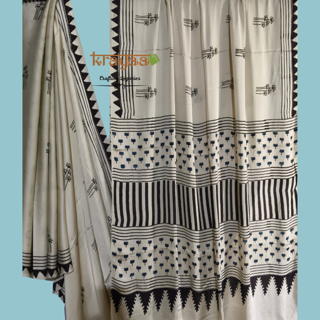 Offwhite Dandelion Prints  Handcrafted - Modal Silk Saree With Ajrakh Handblock Prints.