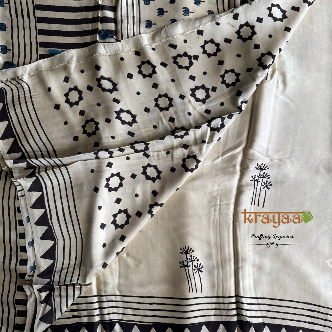 Offwhite Dandelion Prints  Handcrafted - Modal Silk Saree With Ajrakh Handblock Prints.