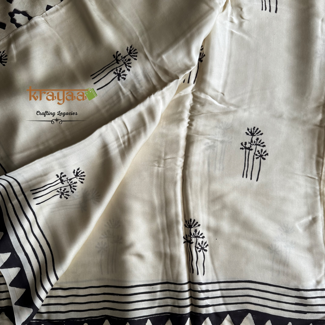 Offwhite Dandelion Prints  Handcrafted - Modal Silk Saree With Ajrakh Handblock Prints.
