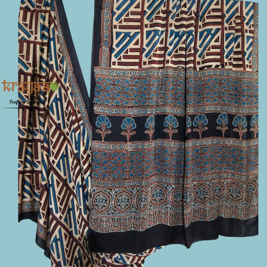 Multi Colour Geometric Prints -  Handcrafted - Modal Silk Saree With Ajrakh Handblock Prints.