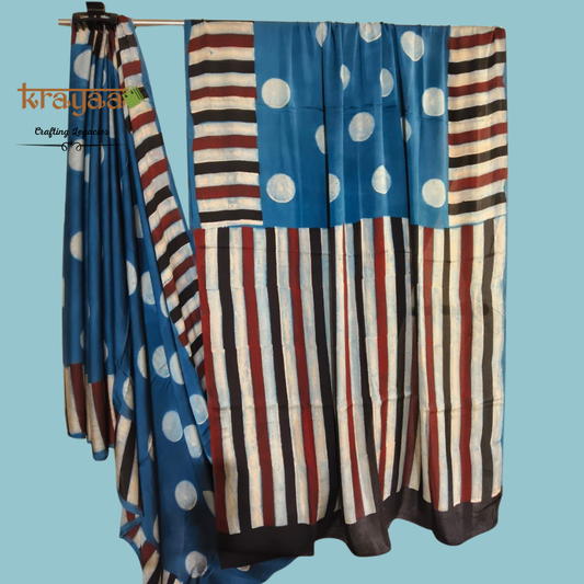 Blue - Dots And Stripes Prints -  Hand crafted - Modal Silk Saree With Ajrakh Handblock prints.