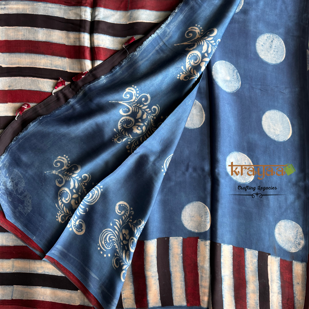 Blue - Dots And Stripes Prints -  Hand crafted - Modal Silk Saree With Ajrakh Handblock prints.