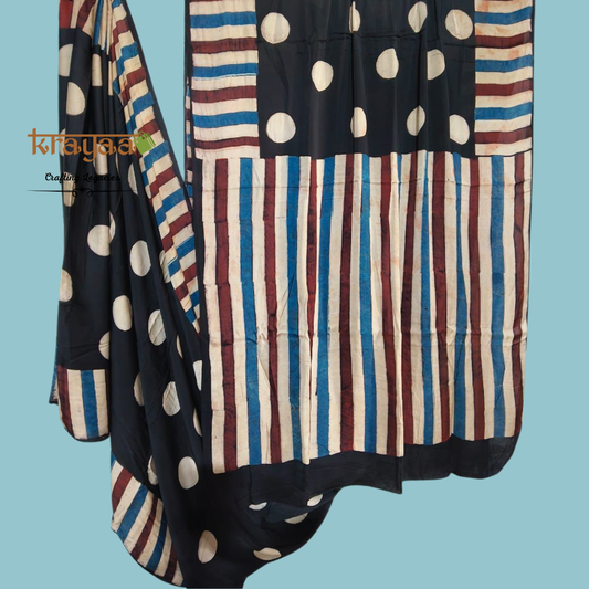 Black - Dots And Stripes Prints -  Handcrafted - Modal Silk Saree With Ajrakh Handblock Prints.