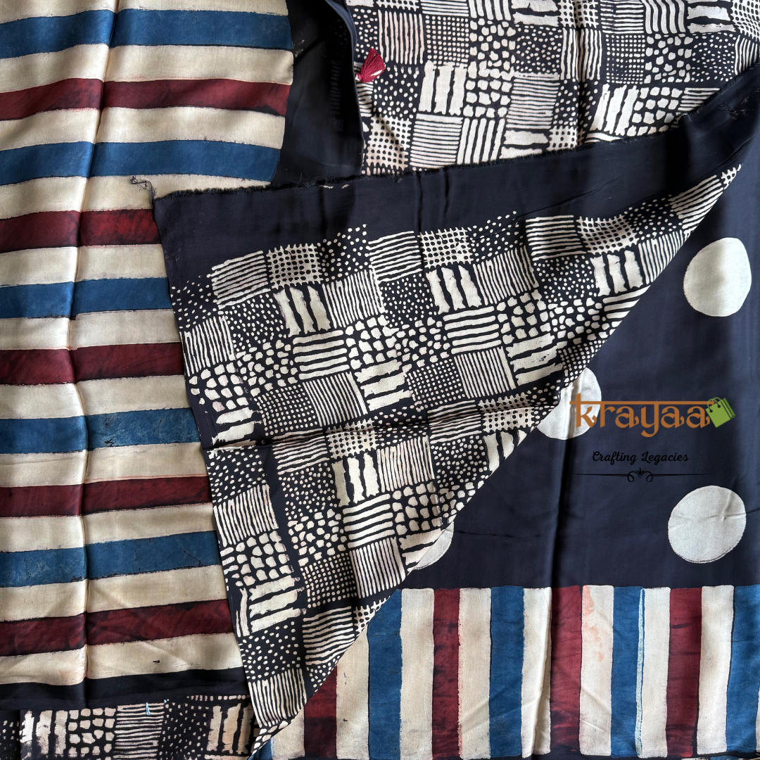 Black - Dots And Stripes Prints -  Handcrafted - Modal Silk Saree With Ajrakh Handblock Prints.