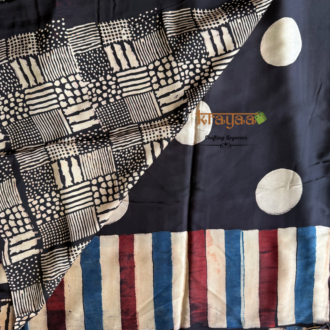 Black - Dots And Stripes Prints -  Handcrafted - Modal Silk Saree With Ajrakh Handblock Prints.