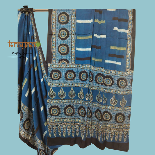 Blue - Stripes And Mandala Prints -  Handcrafted - Modal Silk Saree With Ajrakh Handblock Prints.