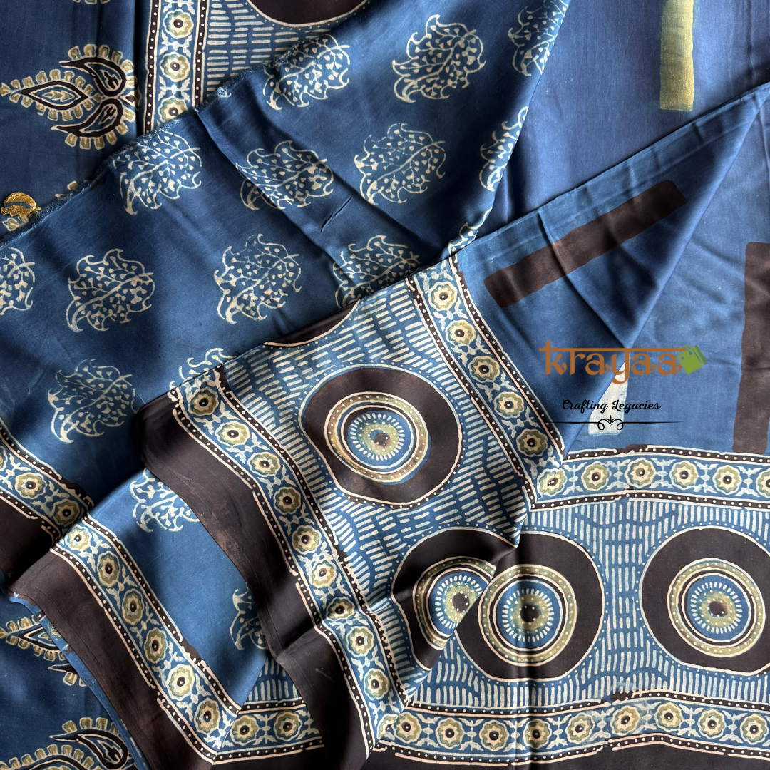 Blue - Stripes And Mandala Prints -  Handcrafted - Modal Silk Saree With Ajrakh Handblock Prints.