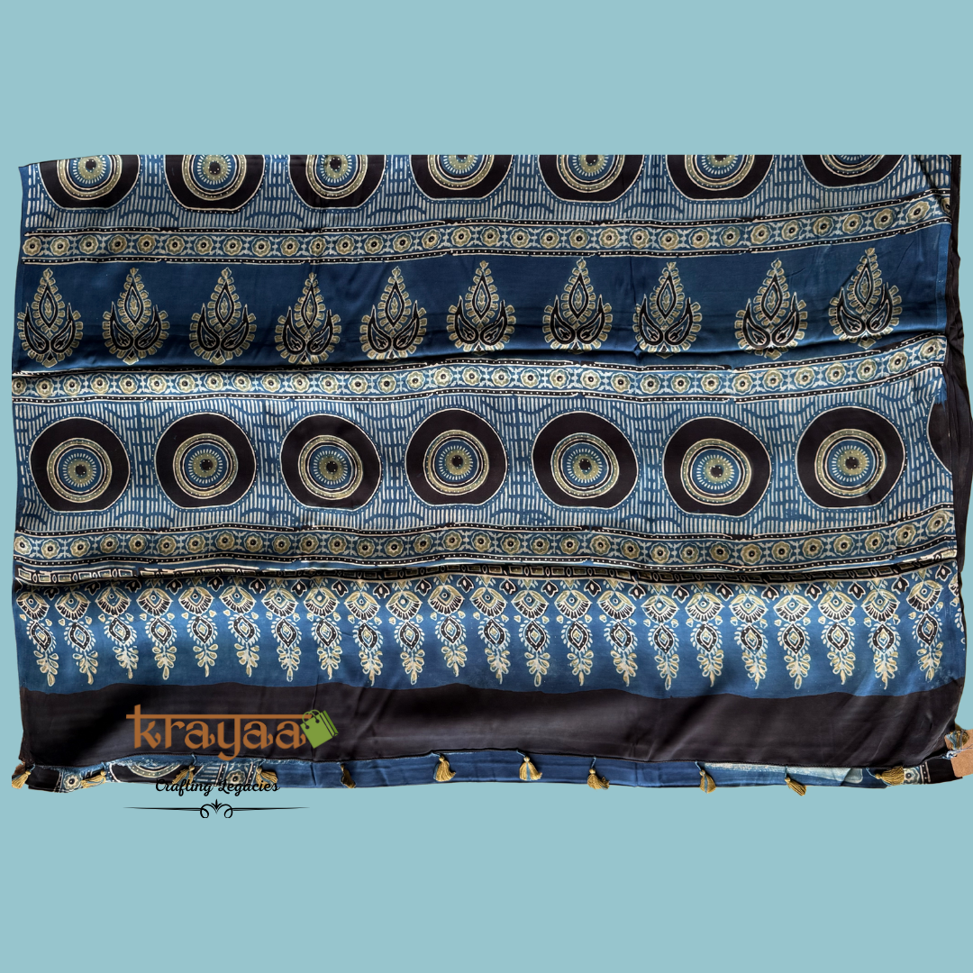 Blue - Stripes And Mandala Prints -  Handcrafted - Modal Silk Saree With Ajrakh Handblock Prints.