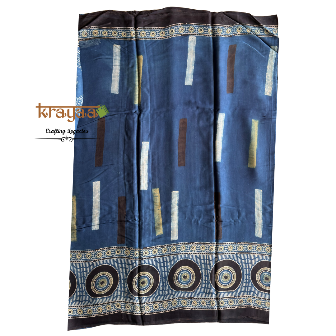 Blue - Stripes And Mandala Prints -  Handcrafted - Modal Silk Saree With Ajrakh Handblock Prints.