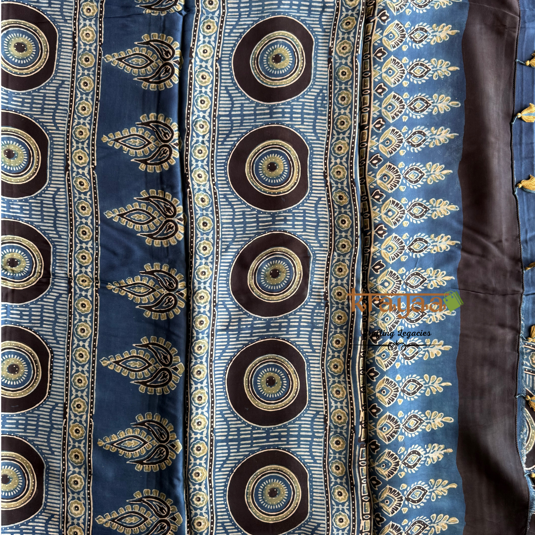 Blue - Stripes And Mandala Prints -  Handcrafted - Modal Silk Saree With Ajrakh Handblock Prints.