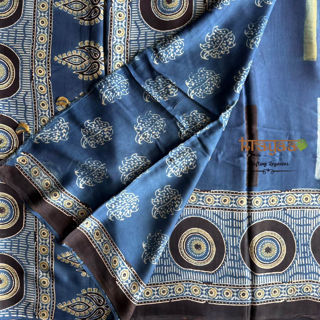 Blue - Stripes And Mandala Prints -  Handcrafted - Modal Silk Saree With Ajrakh Handblock Prints.