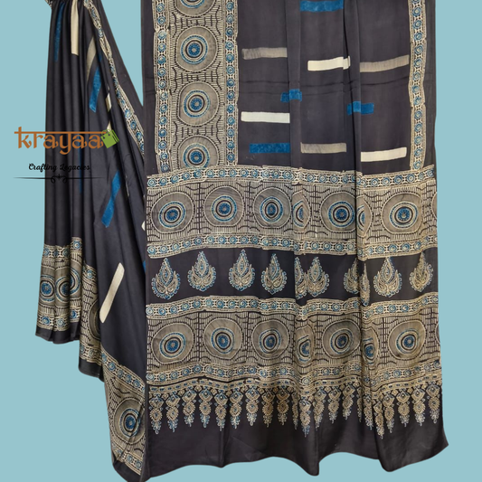 Black - Stripes And Mandala Prints -  Handcrafted - Modal Silk Saree With Ajrakh Handblock Prints.