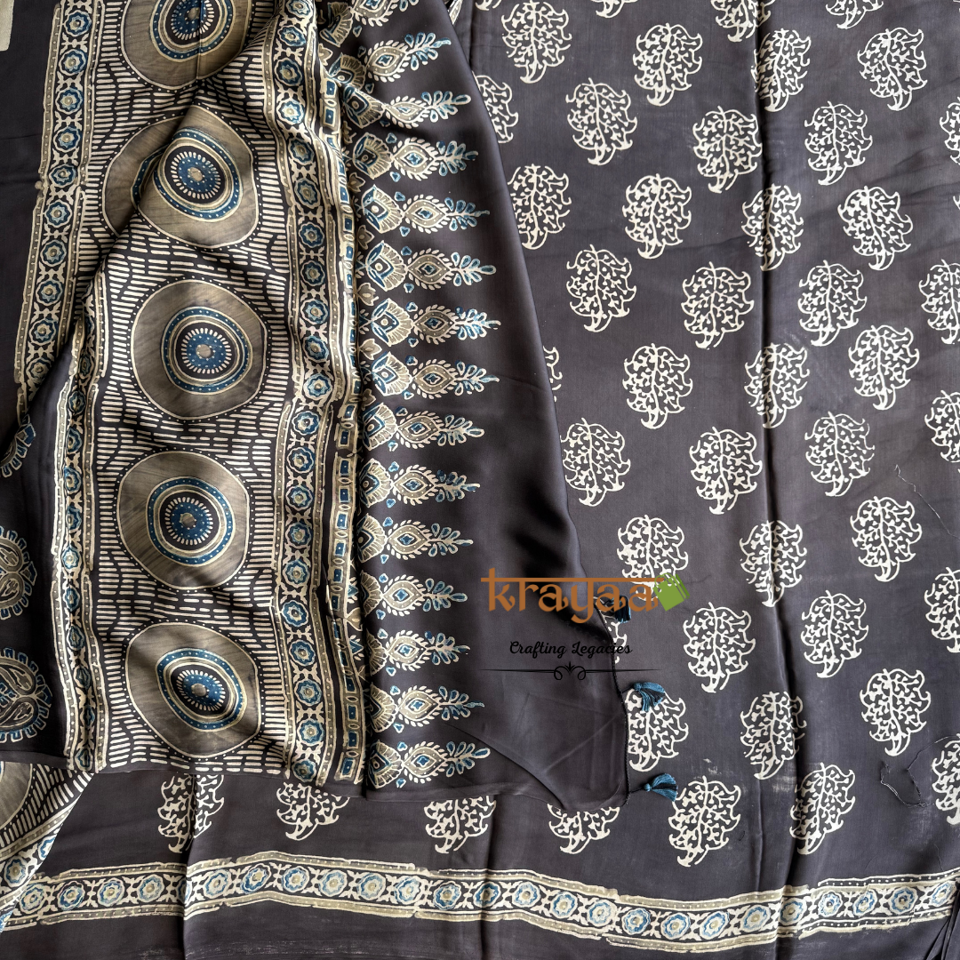 Black - Stripes And Mandala Prints -  Handcrafted - Modal Silk Saree With Ajrakh Handblock Prints.