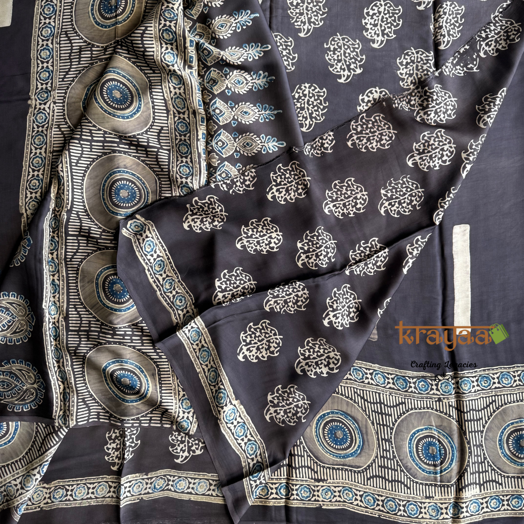 Black - Stripes And Mandala Prints -  Handcrafted - Modal Silk Saree With Ajrakh Handblock Prints.