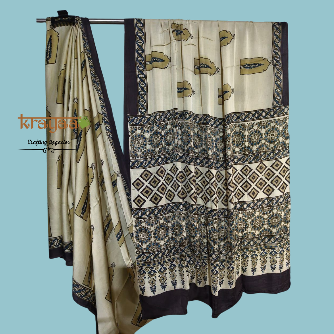 Beige - Jharokha Prints -  Handcrafted - Modal Silk Saree With Ajrakh Handblock Prints.