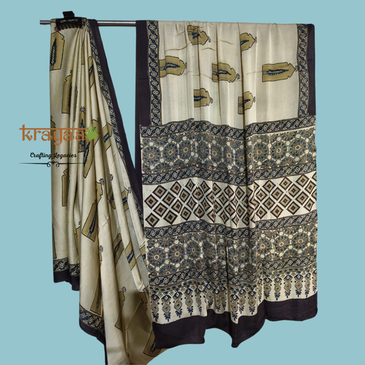 Beige - Jharokha Prints -  Handcrafted - Modal Silk Saree With Ajrakh Handblock Prints.