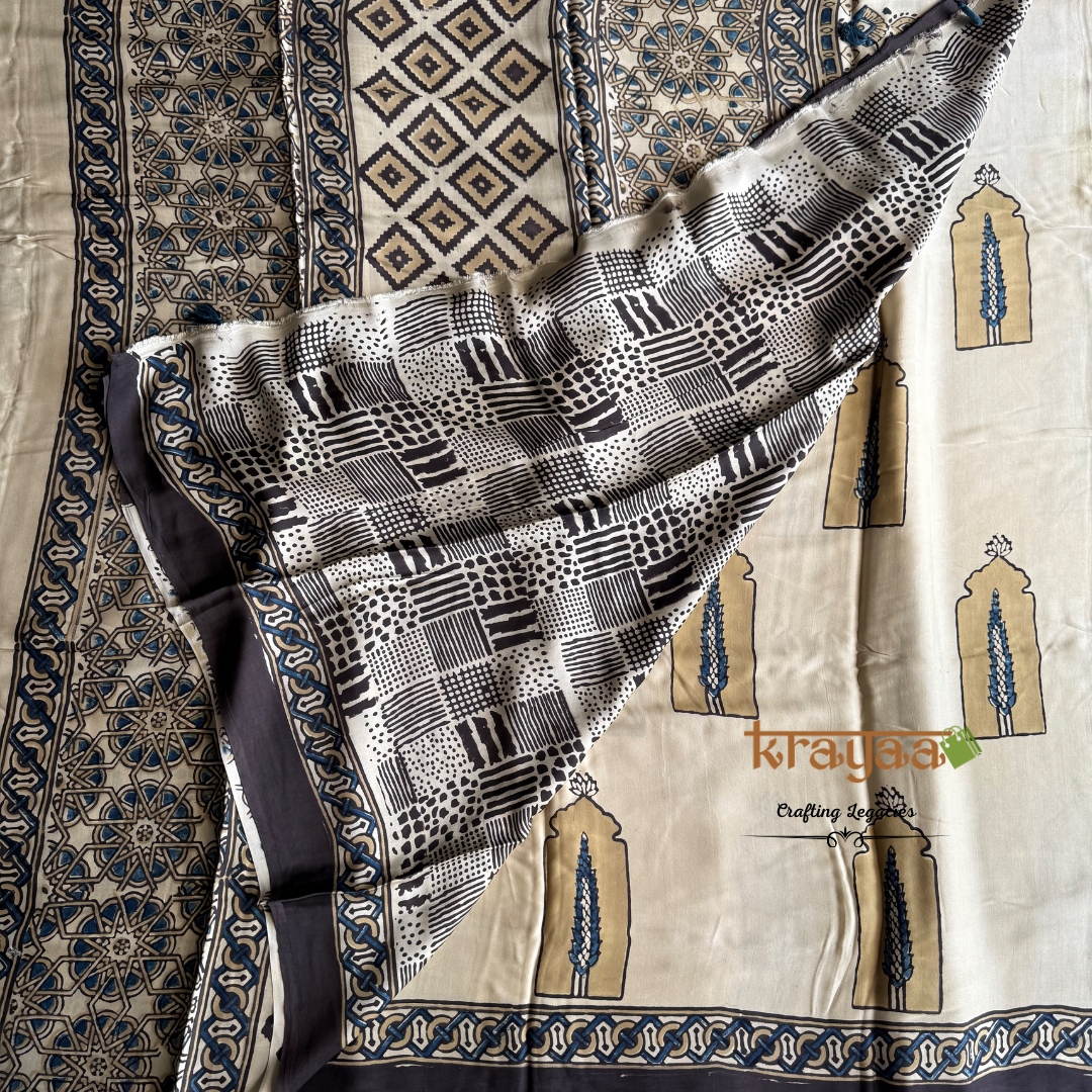 Beige - Jharokha Prints -  Handcrafted - Modal Silk Saree With Ajrakh Handblock Prints.