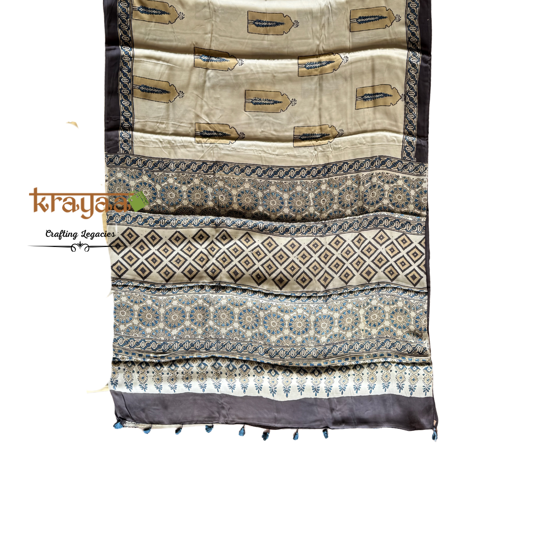 Beige - Jharokha Prints -  Handcrafted - Modal Silk Saree With Ajrakh Handblock Prints.