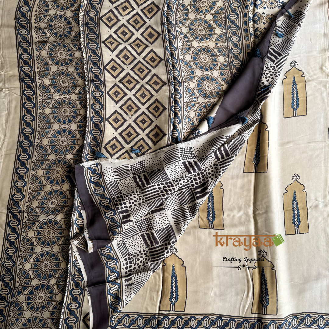 Beige - Jharokha Prints -  Handcrafted - Modal Silk Saree With Ajrakh Handblock Prints.