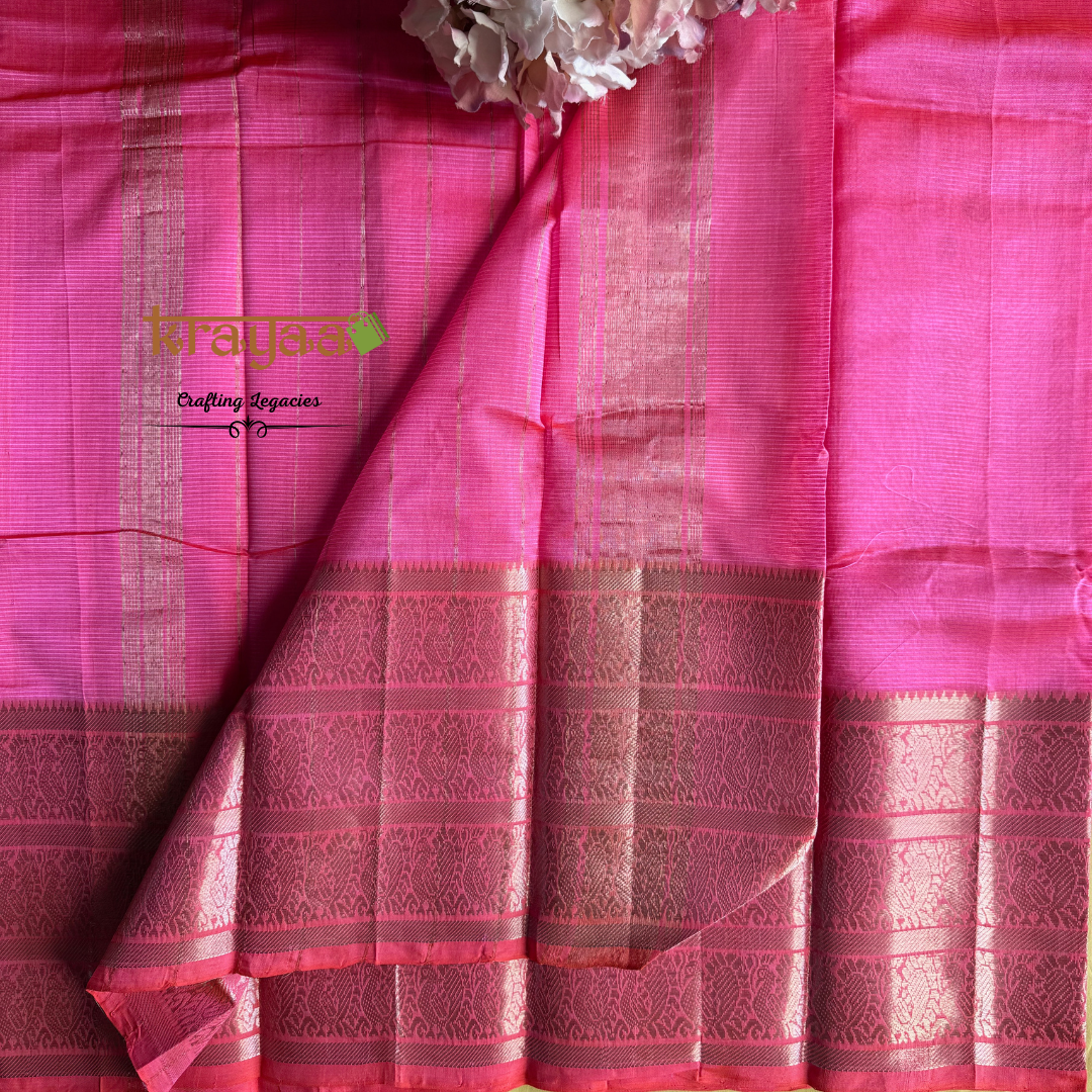 Hot Pink Mangalagiri Silk Cotton Saree With Kanchi Border