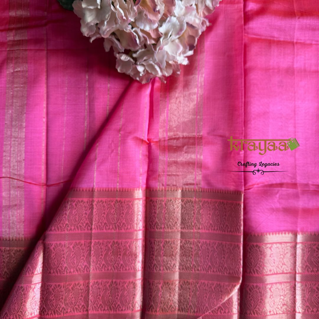 Hot Pink Mangalagiri Silk Cotton Saree With Kanchi Border