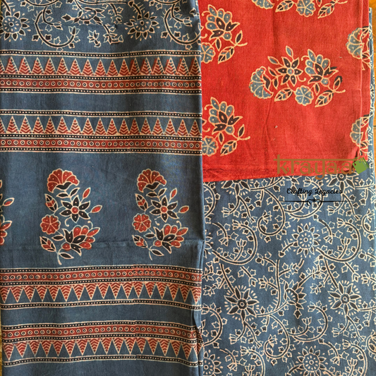 Red Natural Dyed Ajrakh  Handblock Print - Unstitched Suit Set With Dupatta