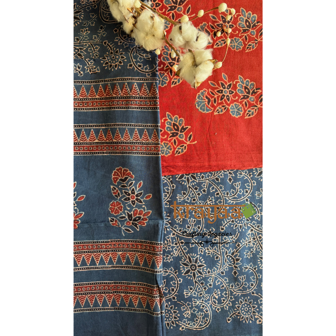 Red Natural Dyed Ajrakh  Handblock Print - Unstitched Suit Set With Dupatta