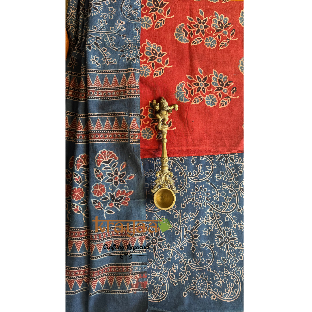 Red Natural Dyed Ajrakh  Handblock Print - Unstitched Suit Set With Dupatta